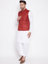 Vastramay Men's Maroon And White Cotton Blend Jacket, Kurta and Dhoti Set